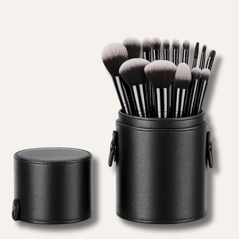 Pro Glam Set – Kit de 14 pinceaux de maquillage avec boîte en cuir