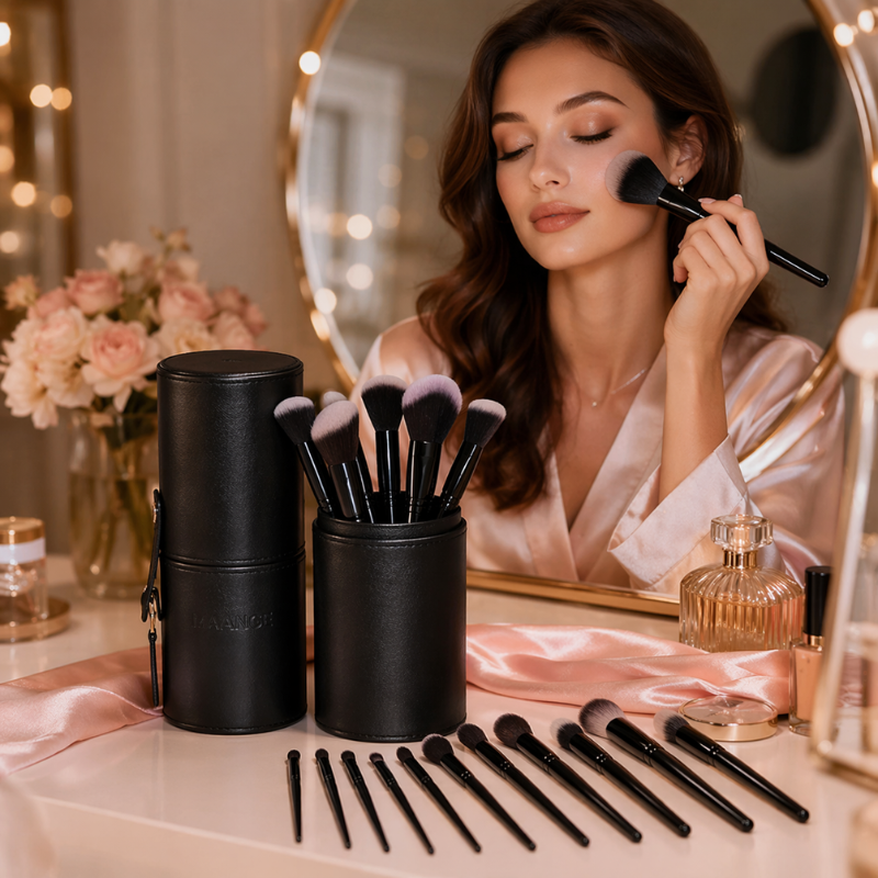 Pro Glam Set – Kit de 14 pinceaux de maquillage avec boîte en cuir