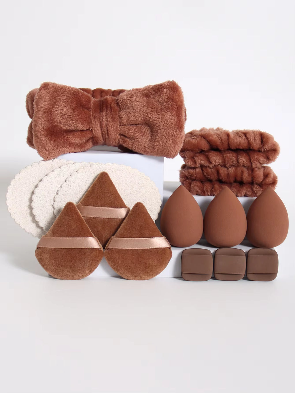 15Pcs Multi-Colored Fluffy Headband and Makeup Sponge Set-Sweet Style, Perfect Beauty Assistant