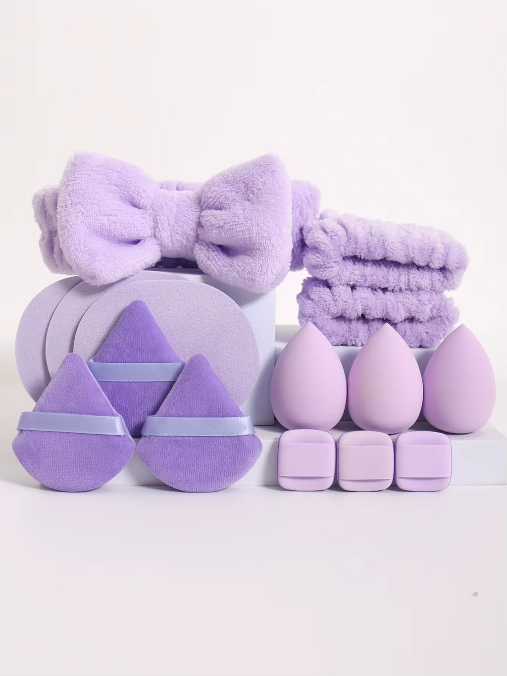 15Pcs Multi-Colored Fluffy Headband and Makeup Sponge Set-Sweet Style, Perfect Beauty Assistant